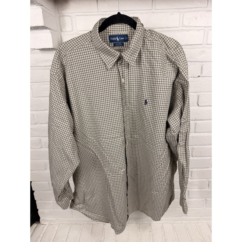 Ralph Lauren Blake XL Plaid Button Up Shirt Beige Blue Cotton Long Sleeve